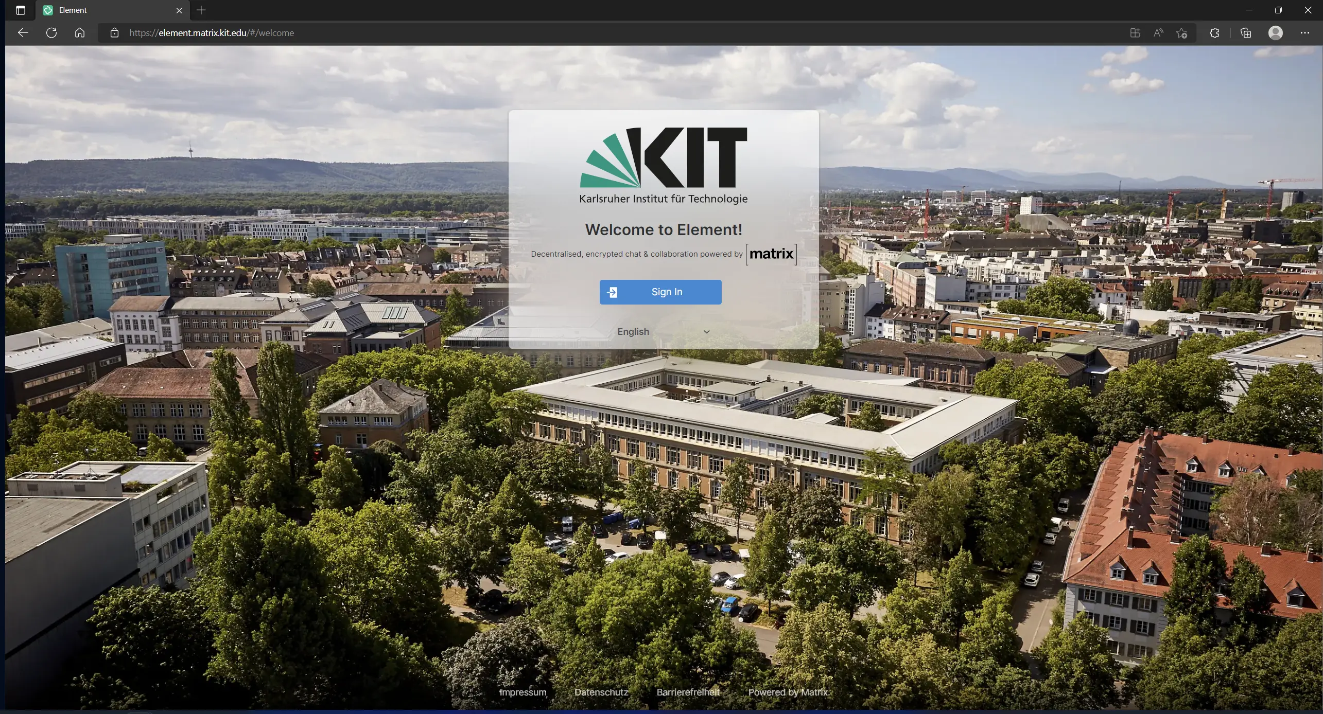 Start page of Element Webclient with login button