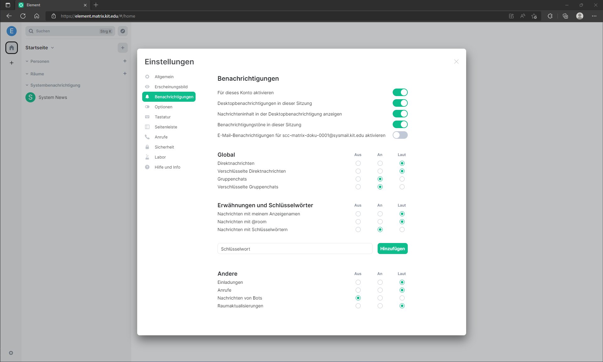 Screenshot des Menüs zur Auswahl, wann Benachrichtigungen verschickt werden sollen