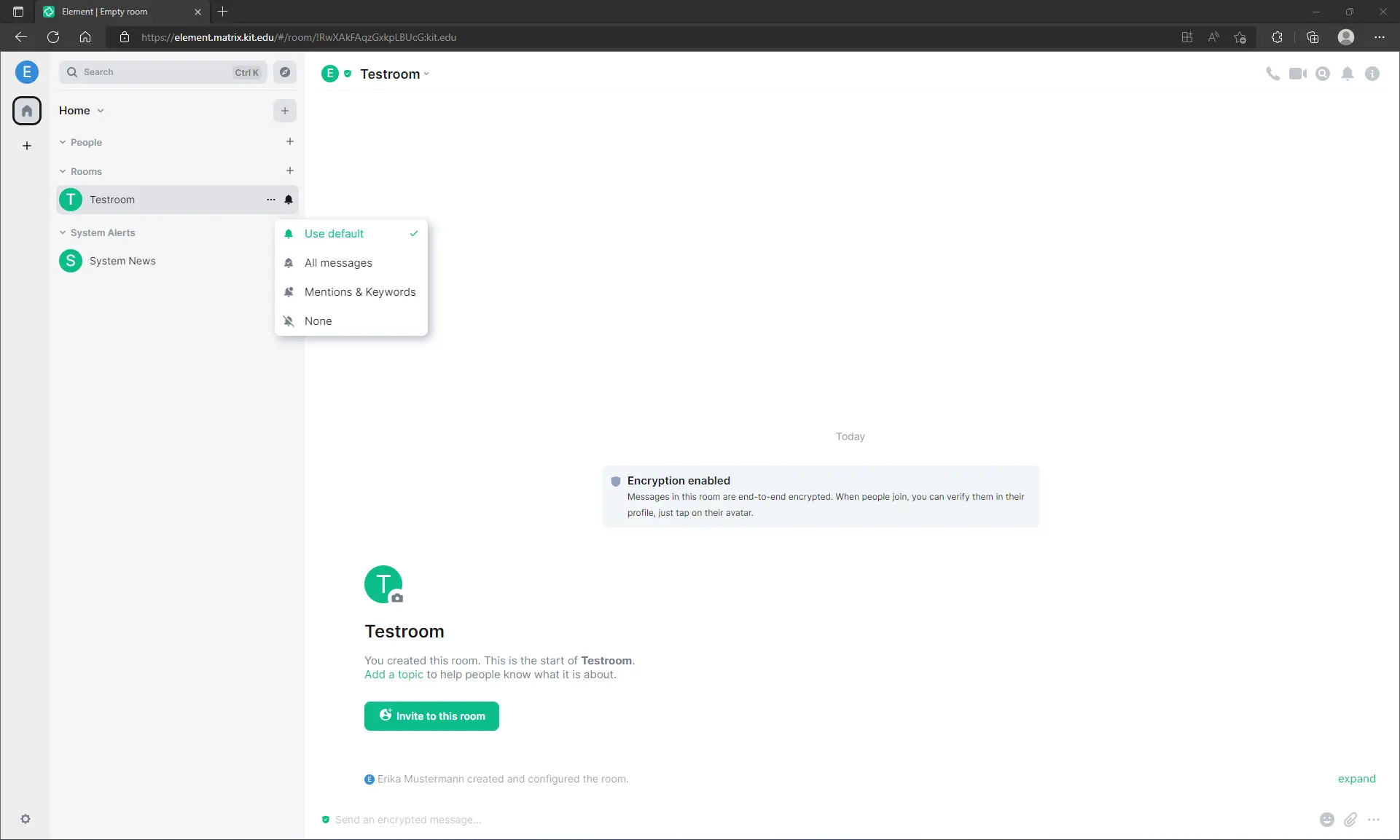 Screenshot of the notification options in the room settings