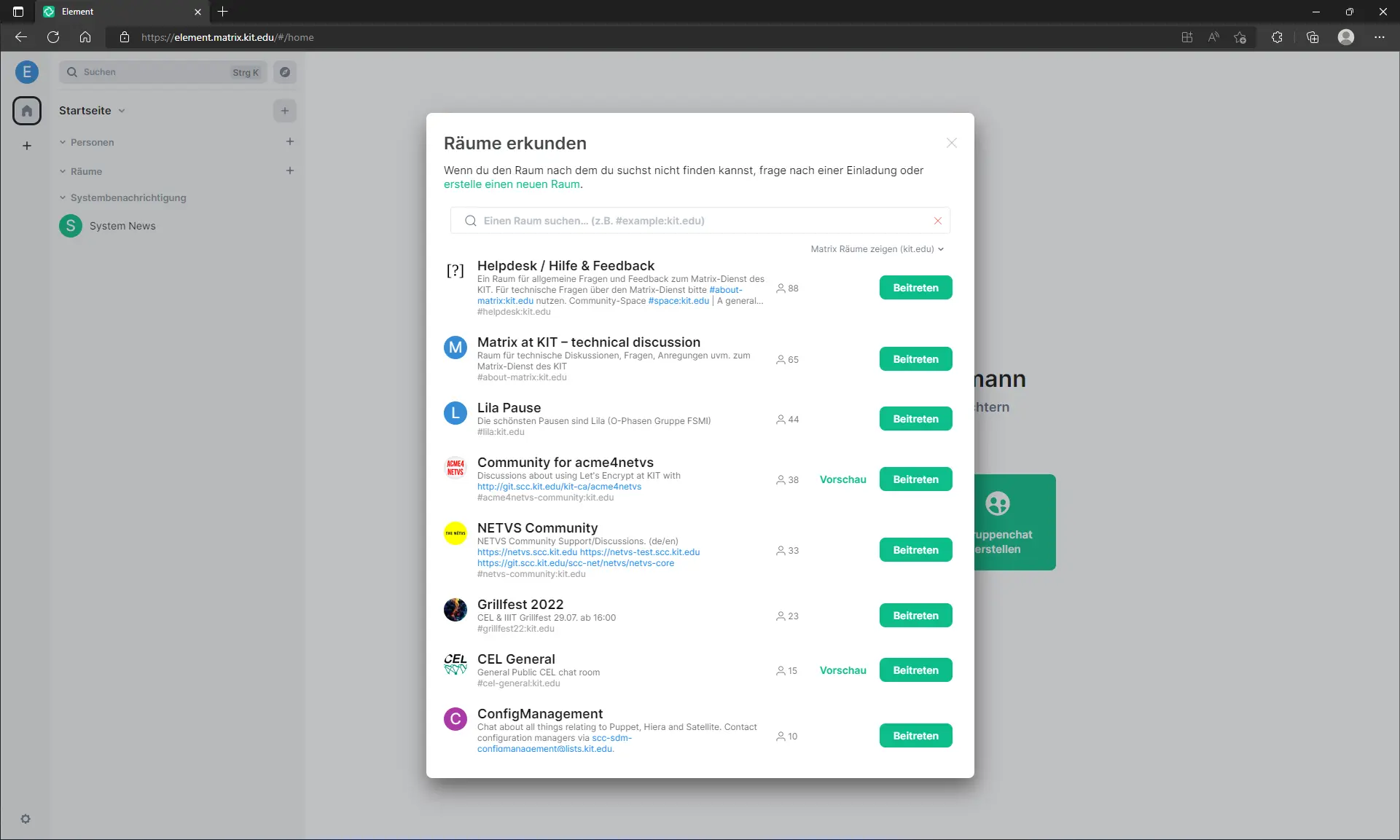 Menü zum finden von öffentlichen Räumen