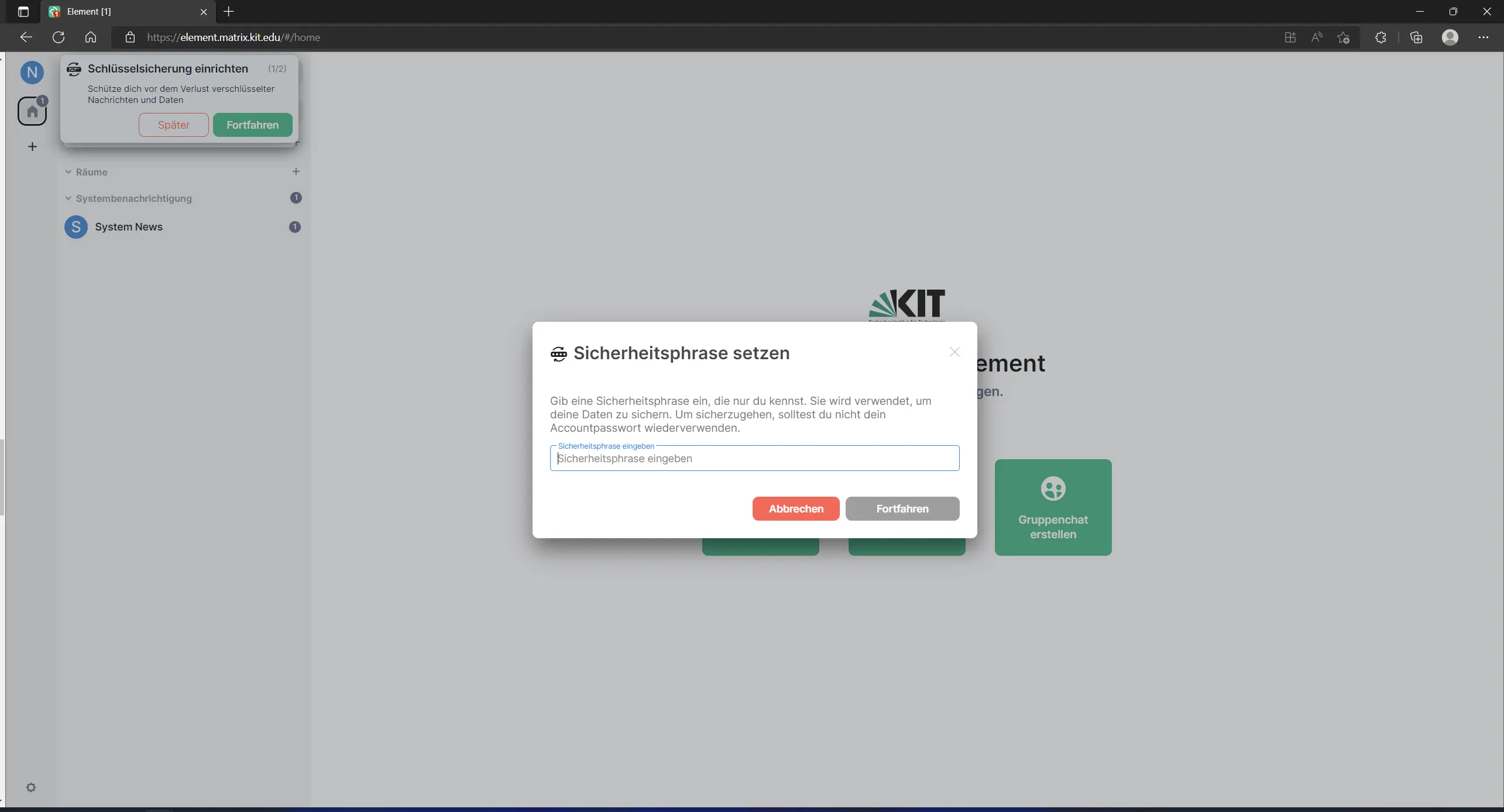 Aufforderung eine Passwort für die Schlüsselsicherung einzugeben