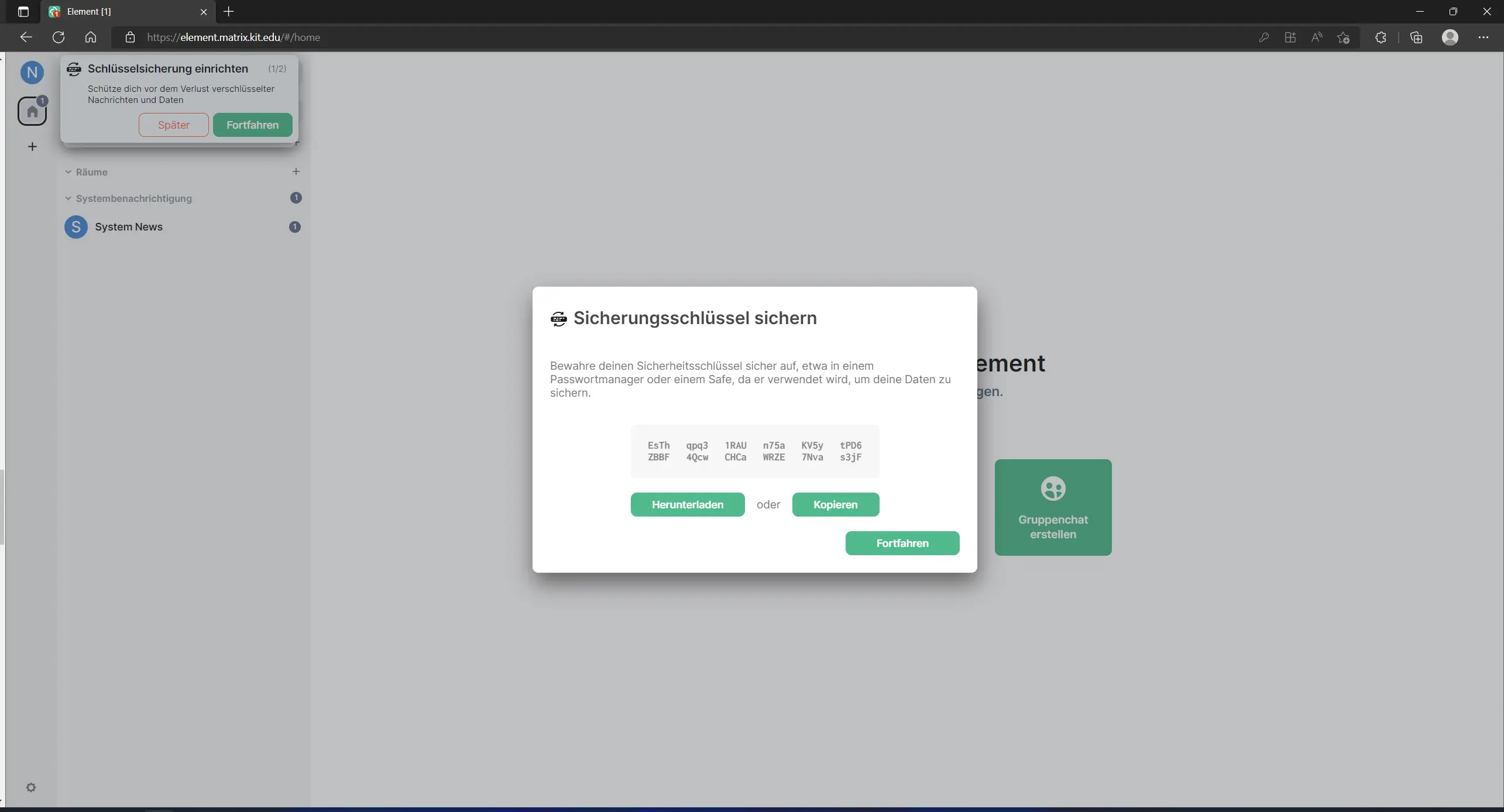 Anzeige des Sicherheitsschlüssel zum abschreiben oder wegspeichern