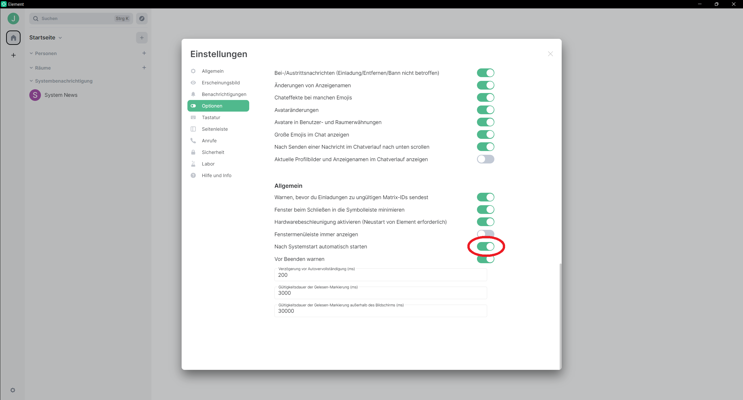 Einstellungen mit dem Punkt nach Systemstart automatisch starten markiert