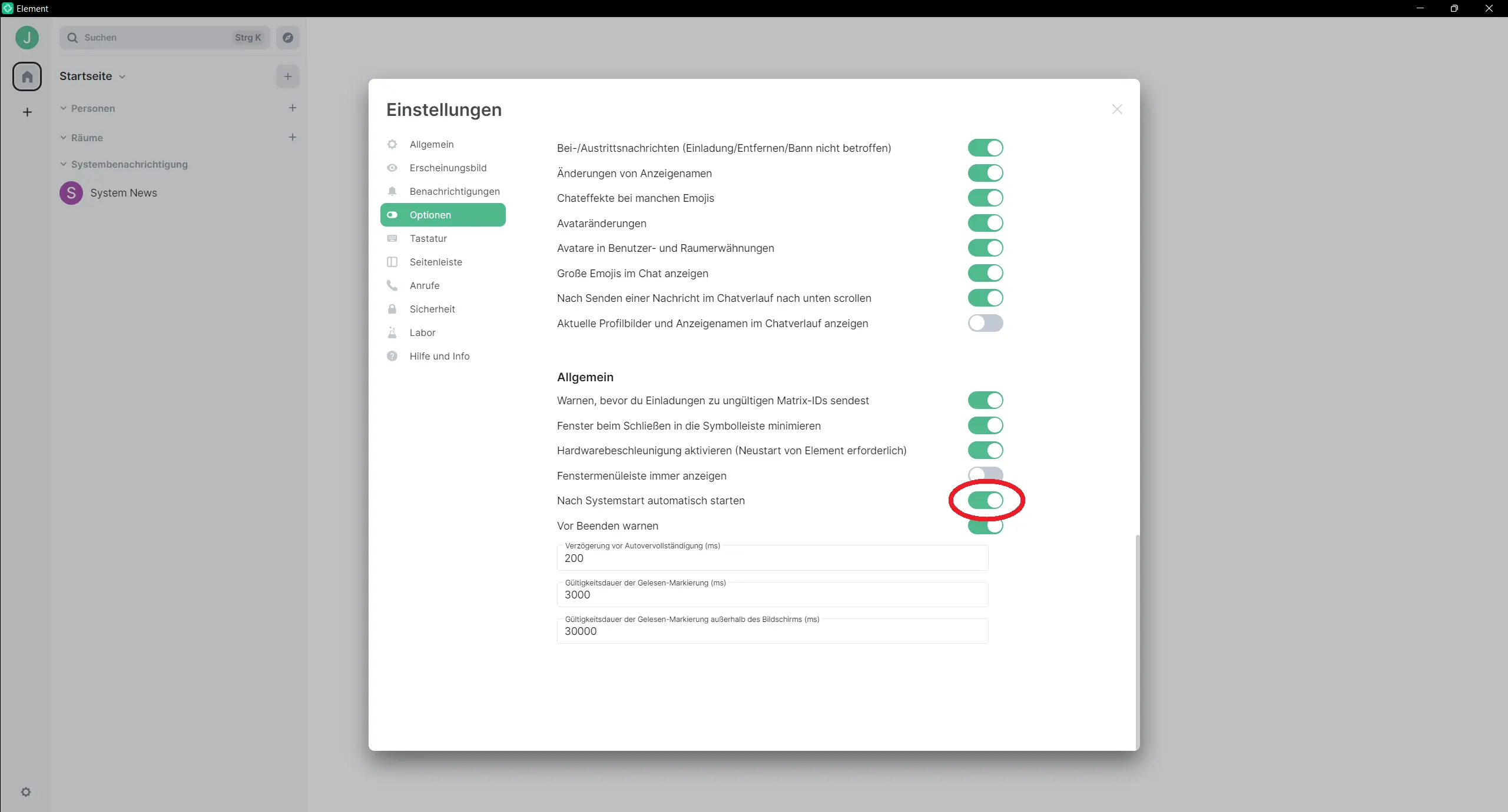 Einstellungen mit dem Punkt nach Systemstart automatisch starten markiert