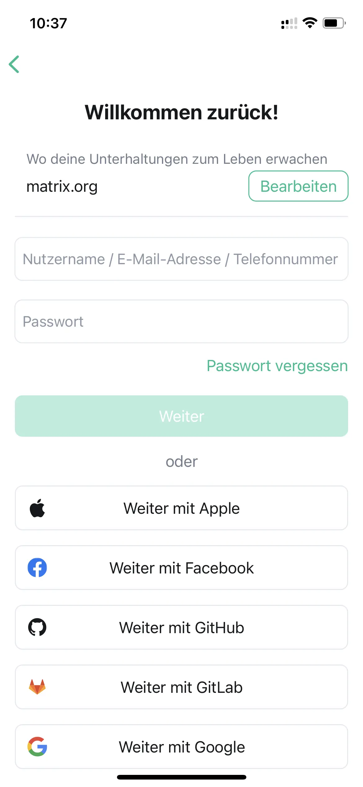 Auswahlbildschirm für die Login-Methode