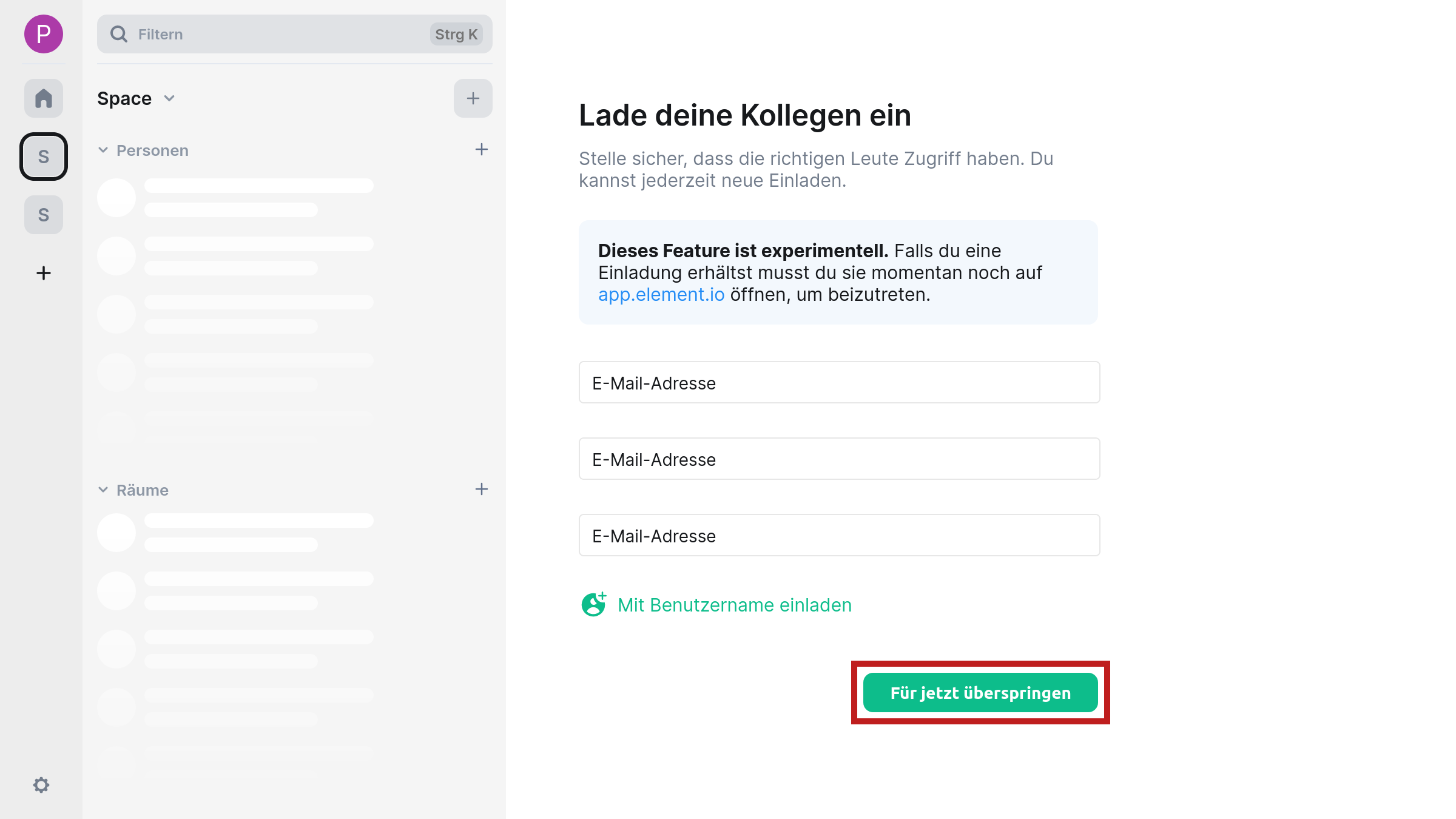 Erklärender Screenshot zur vorangegangen Beschreibung mit Marker auf den Button „Für jetzt überspringen“