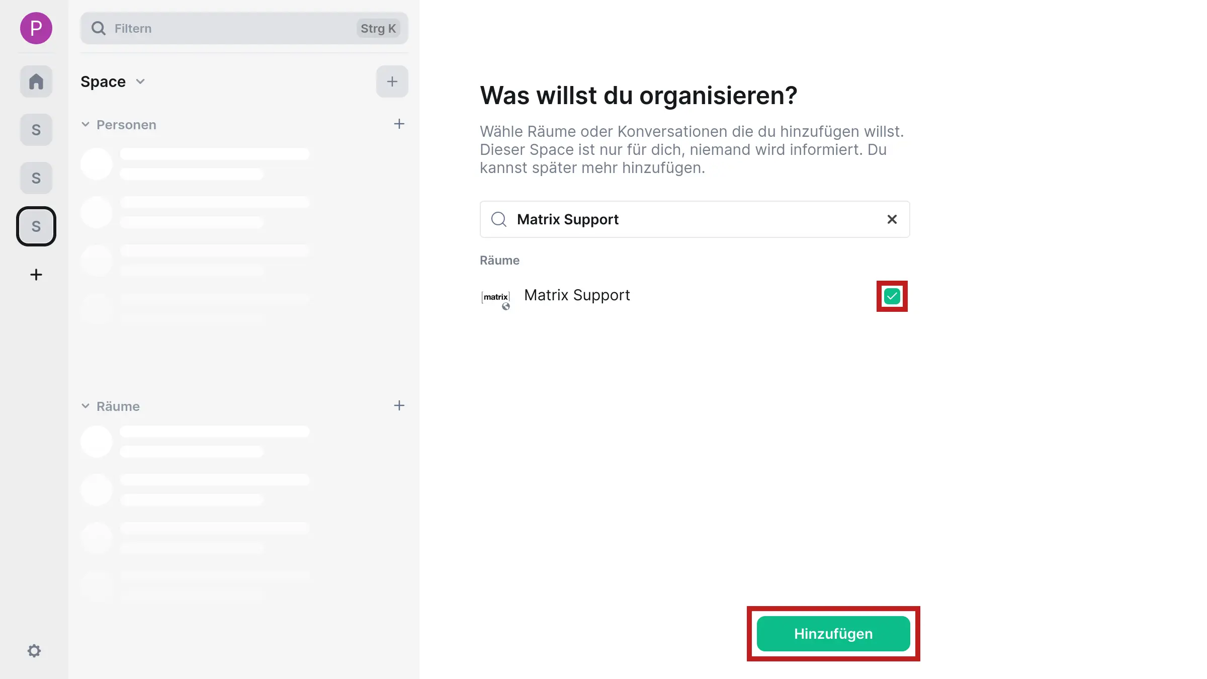 Explanatory screenshot to the previous description with marker on active checkbox next to filtered room and on the Add button