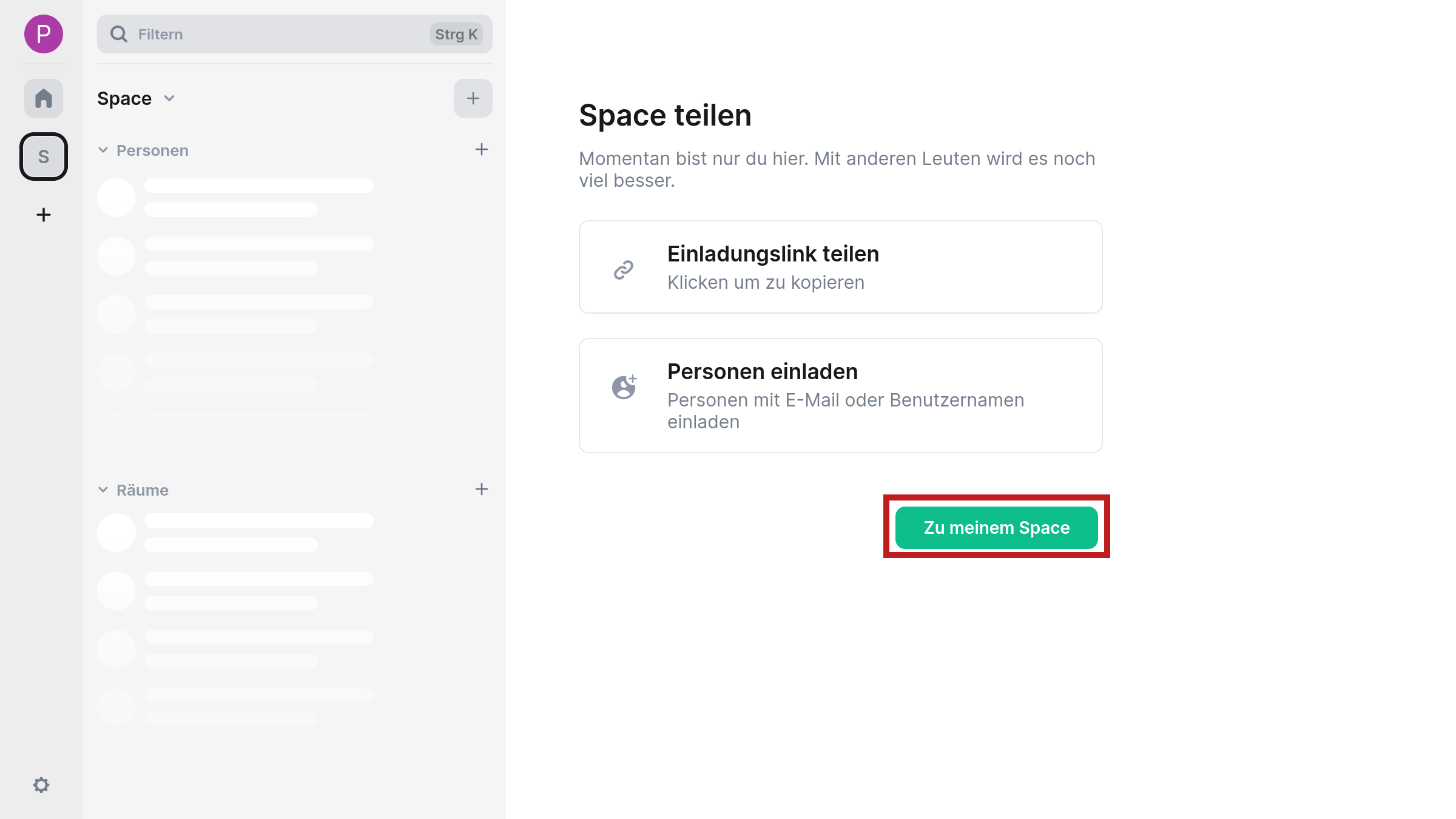 Erklärender Screenshot zur vorangegangen Beschreibung mit Marker auf den Button „Zu meinem Space“